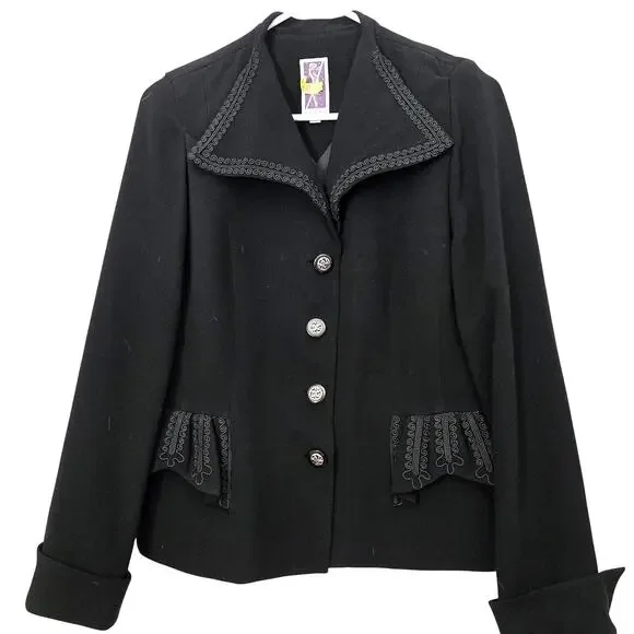 Vintage Zelda 90's Y2K Artsy Black Button-Up Jacket Soutache Trim, Size 8 - Picture 1 of 8